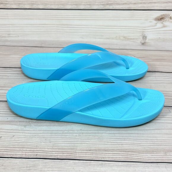 Crocs Sandals Womens 9 Blue Splash Glossy Flip Flop Neptune Thong Beach Pool EUC - Picture 12 of 14